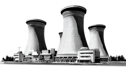 Industrial Power: A monochrome depiction of an imposing industrial power plant, a symbol of modern energy production and technological advancement.