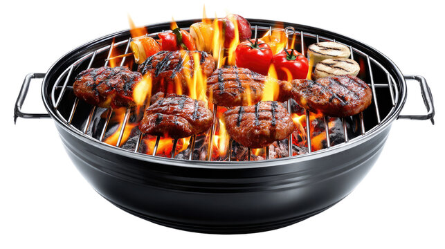 BBQ Feast: A close-up shot of a barbecue grill brimming with sizzling steaks and vibrant vegetables engulfed in flames, evoking the essence of a summer gathering.