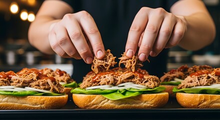 Chef preparing delicious pulled pork sandwiches with fresh ingredients.