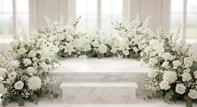 Elegant Floral Cascade Displayed on Marble Structure with Soft Backdrop