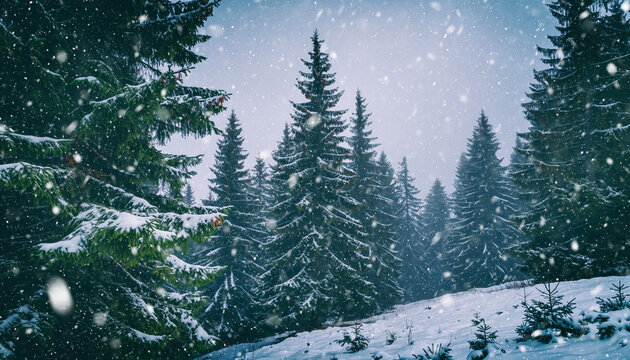 Evergreen forest in snowfall