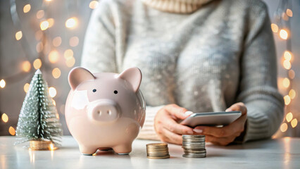 Piggy bank holiday smart spending Christmas new year saving piggy bank coin stack mobile phone sweater woman hands table miniature tree bokeh lights saving concept finance budget money coin pile