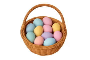 Wicker basket holding pastel easter eggs with transparent background