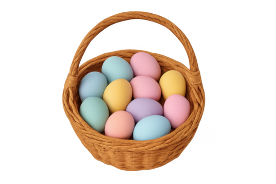 Wicker basket holding pastel easter eggs with transparent background
