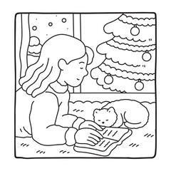 Cozy Girl Christmas Coloring Pages,  Cozy Girl Christmas  Coloring Pages for Kids & Adults, Christmas Coloring Pages, bold & easy cozy winter coloring book pages, vector art, line art 