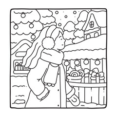 Cozy Girl Christmas Coloring Pages,  Cozy Girl Christmas  Coloring Pages for Kids & Adults, Christmas Coloring Pages, bold & easy cozy winter coloring book pages, vector art, line art 