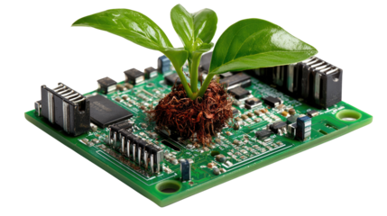 Digital Ecosystem: A verdant sprout flourishes atop a circuit board, a striking visual metaphor for the synergy between technology and nature's growth.