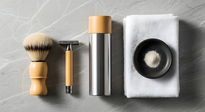 Classic Shaving Kit with Brush, Razor, and Foam on Marble Surface. - Powered by Adobe