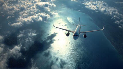 Commercial passenger airplane flies above bright sunlit ocean water near cloud formations