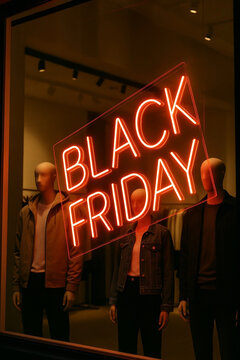 Escaparate de tienda de ropa con miniqu&iacute;es en Black Friday.