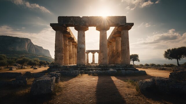 Ancient stone temple ruins stand bathed in bright afternoon sun rays against a dramatic sky - Powered by Adobe