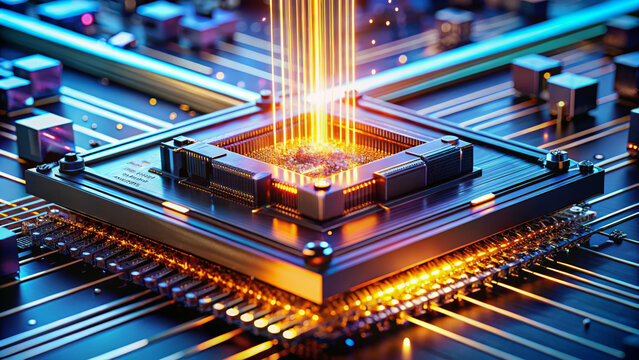 Quantum computing processing microchip core glowing circuit processor motherboard laser data transmission futuristic technology innovation energy flow