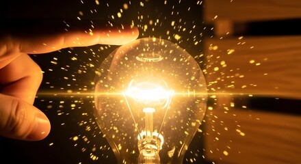Close up of a finger about to touch a glowing light bulb with sparks flying.