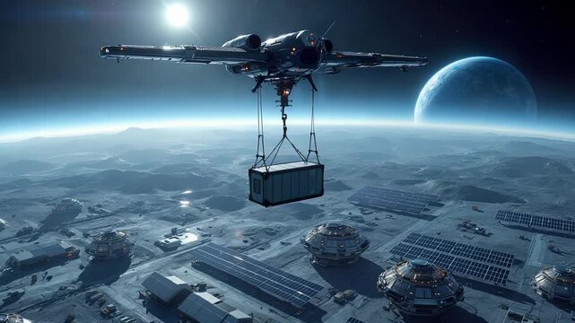 Drone transports cargo, Unmanned aerial vehicle delivers payload