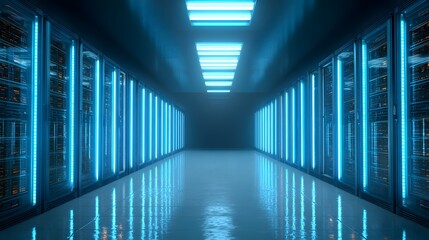 Illuminated rows of technological hardware cabinets stretch down a dark interior corridor