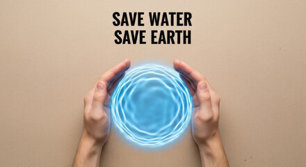 Hands cradling glowing blue sphere of clean water access symbolizing conservation and environmental protection with hopeful tone