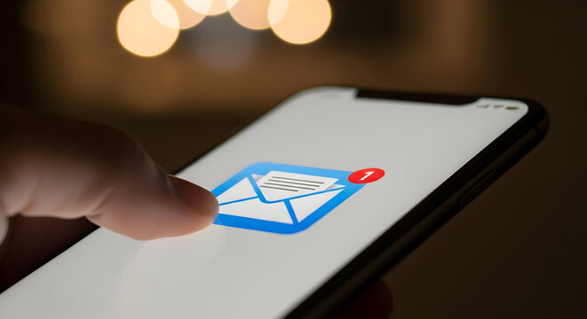 Close up of a finger touching a smartphone screen displaying an email icon with a notification badge.