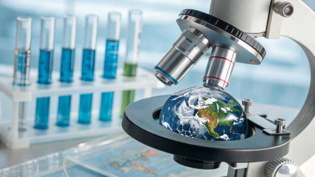 Global health policy research microscope image showing Earth model under lens highlighting environmental science and medical collaboration for pandemic prevention and wellbeing
