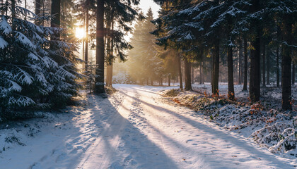 Snowy forest path