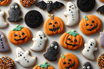 Homemade Halloween cookies on a white background, top view. With Generative AI technology