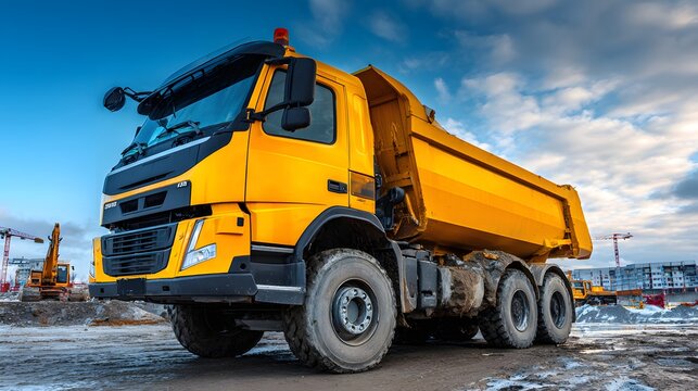 Heavy duty yellow hauling vehicle positioned on a construction site under a dramatic sky - Powered by Adobe