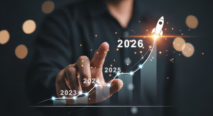 2026 business year end christmas new year growth chart with rocket rising over bar graph showing 2023 2024 2025 2026 optimistic celebration
