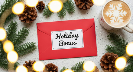 Holiday 2026 year end christmas new year bonus envelope festive greeting cozy coffee pine cone evergreen