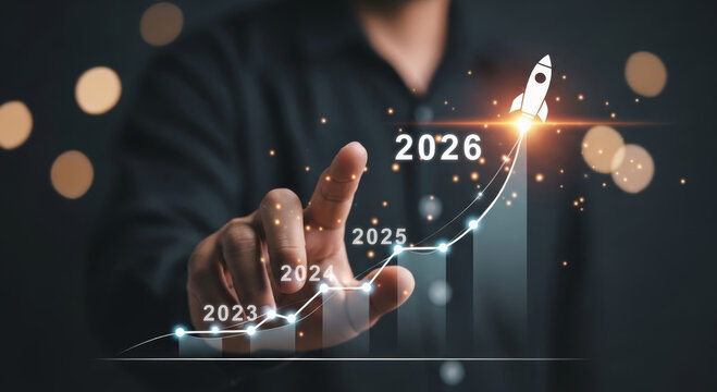 2026 business year end christmas new year growth chart with rocket rising over bar graph showing 2023 2024 2025 2026 optimistic celebration