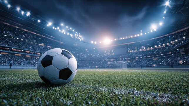 Soccer Ball on Green Field Illuminated Stadium Background At Night with Spectators and Bright Floodlights for Sports Event