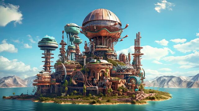 Steampunk bioenergy power plant. Inside, microscopic algae perform their photosynthetic magic, capturing sunlight, converting it into biofuel with remarkable efficiency. Renewable green energy AI-Gen.