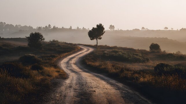 Winding dirt pathway stretches through misty, sunlit countryside hills at dawn
