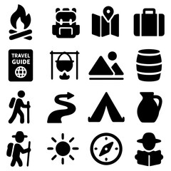 Icons of Adventure: Set of bold icons capturing the essence of exploration and outdoor adventure, each symbol representing essential elements of travel and discovery, from campfires to compasses.