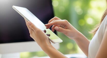 Close up of a womans hands using a tablet computer outdoors.