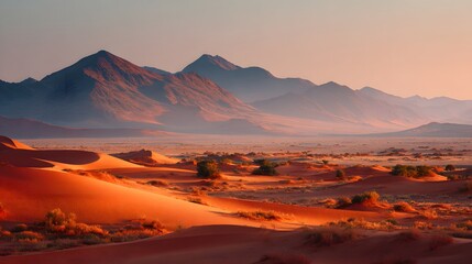 Expansive desert landscape features towering mountains against a softly colored horizon at sunrise or sunset