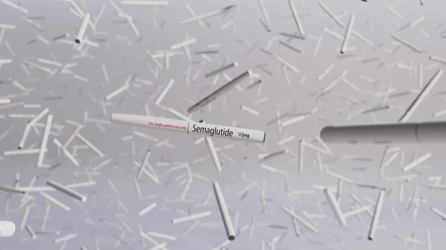 3d rendered animation of a large number of semaglutide injection pens suspended in air