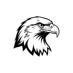 The head of an American eagle in fine detail, in black and white, on a white background.