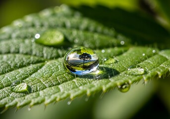 Water drop on leaf reflecting a tree, showcasing nature's beauty and intricate details on a macro lens image