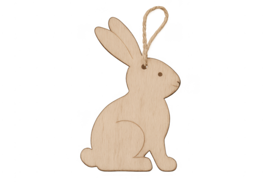 Wooden rabbit easter ornament with string on transparent background