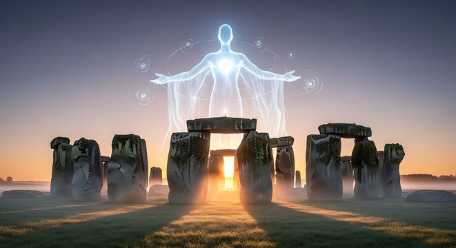 Spiritual entity over stonehenge at dawn, mystical connection concept