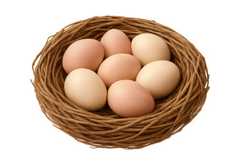 Natural brown and white chicken eggs in nest