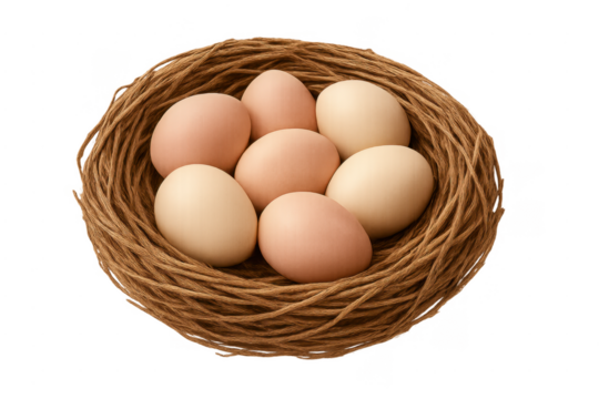 Natural brown and white chicken eggs in nest