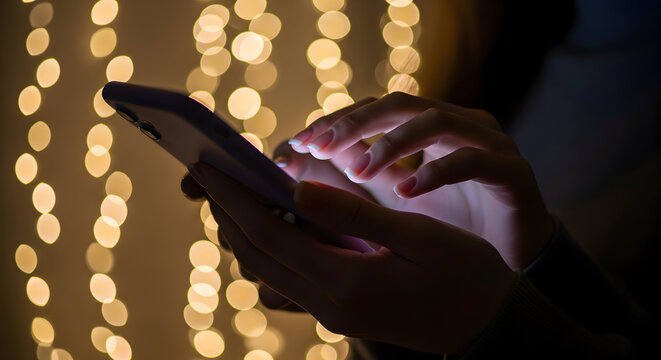Close up of hands using a smartphone with bokeh lights in the background.