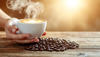 A hand gently holds a steaming hot latte with perfect art, against a warm, sunlit, rustic wooden backdrop.