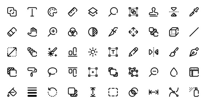 Edit Tools icon set. Vector design toolkit. Includesmerge, layers, pen, brush,selection, transform, pain, zoom and more. Professioal editable vector collecton.