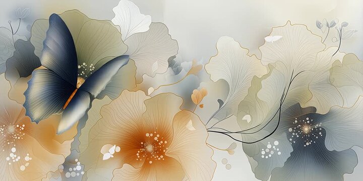 AI-generated animated illustration of a fanciful butterfly amid a bright, airy floral scene