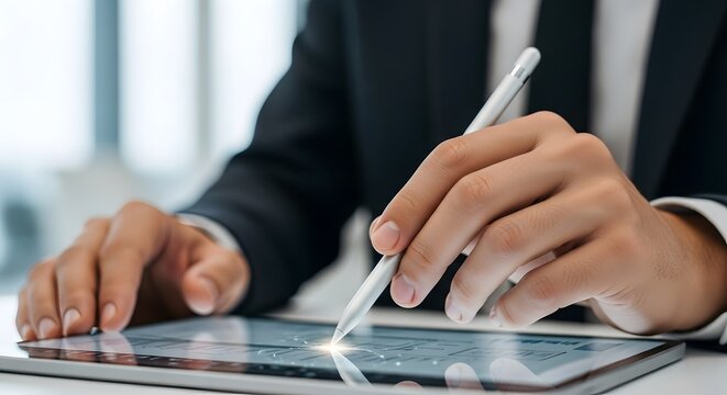 Close-up of a businessman using a stylus on a tablet computer for digital work.