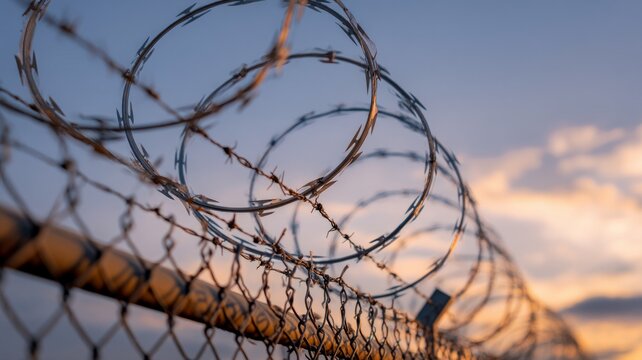 Barbed wire fence at sunset. AI image - Powered by Adobe