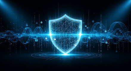 Abstract digital illustration security shield protecting data streams binary code