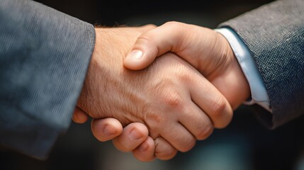 Two individuals formally engage in a firm handshake over a business agreement