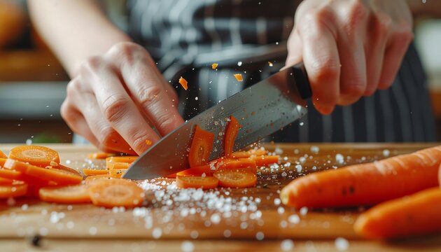 Close-up of a chef's hands rapidly slicing a carrot on a wooden board, with salt and carrot pieces flying.